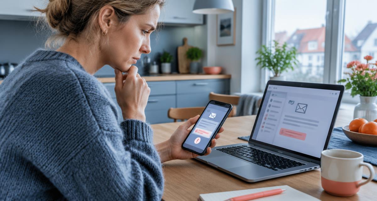 Illustration: person undersøger en besked på telefonen ved en laptop. AI-genereret billede.
