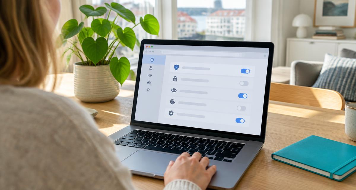 Illustration: laptop med forenklede privatlivsindstillinger i en lys bolig. AI-genereret billede.