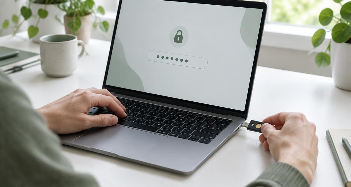 Illustration: laptop, adgangskodefelt og fysisk sikkerhedsnøgle. AI-genereret billede.