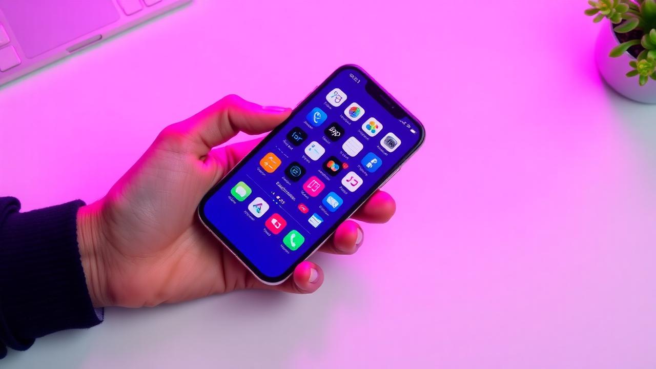 Hånd der holder en smartphone med app-ikoner