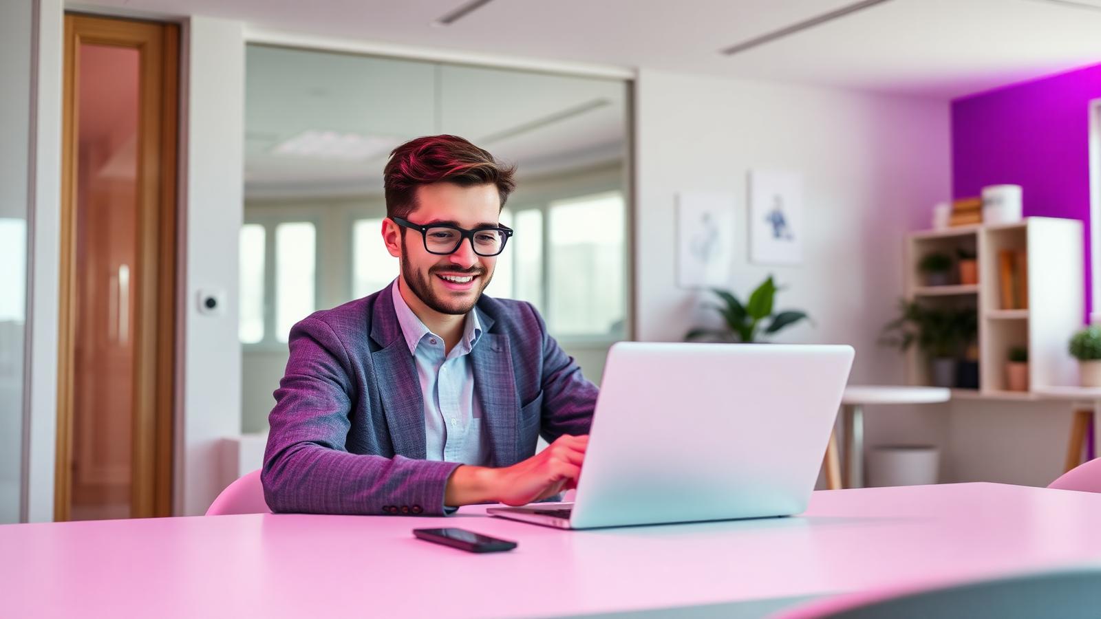 Medarbejder bruger AI-assistent på laptop i lyst kontor