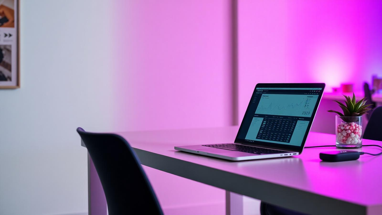 Bærbar computer med analysedashboard på et lyst kontorbord