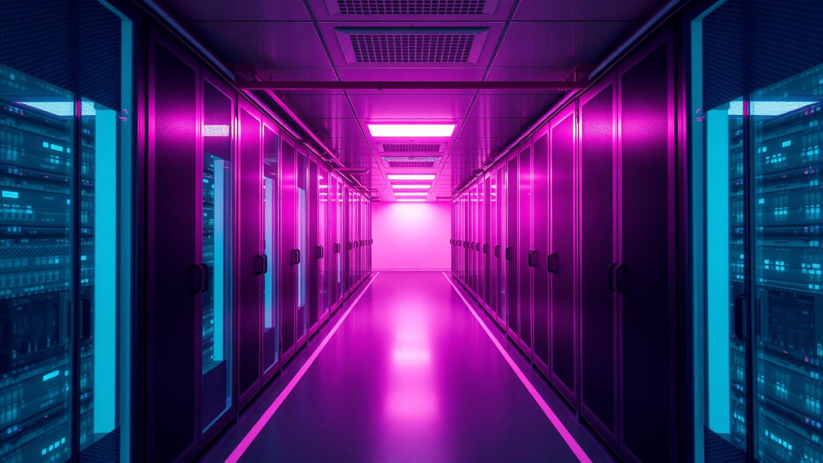 Serverrum med rækker af servere i lilla og pink belysning