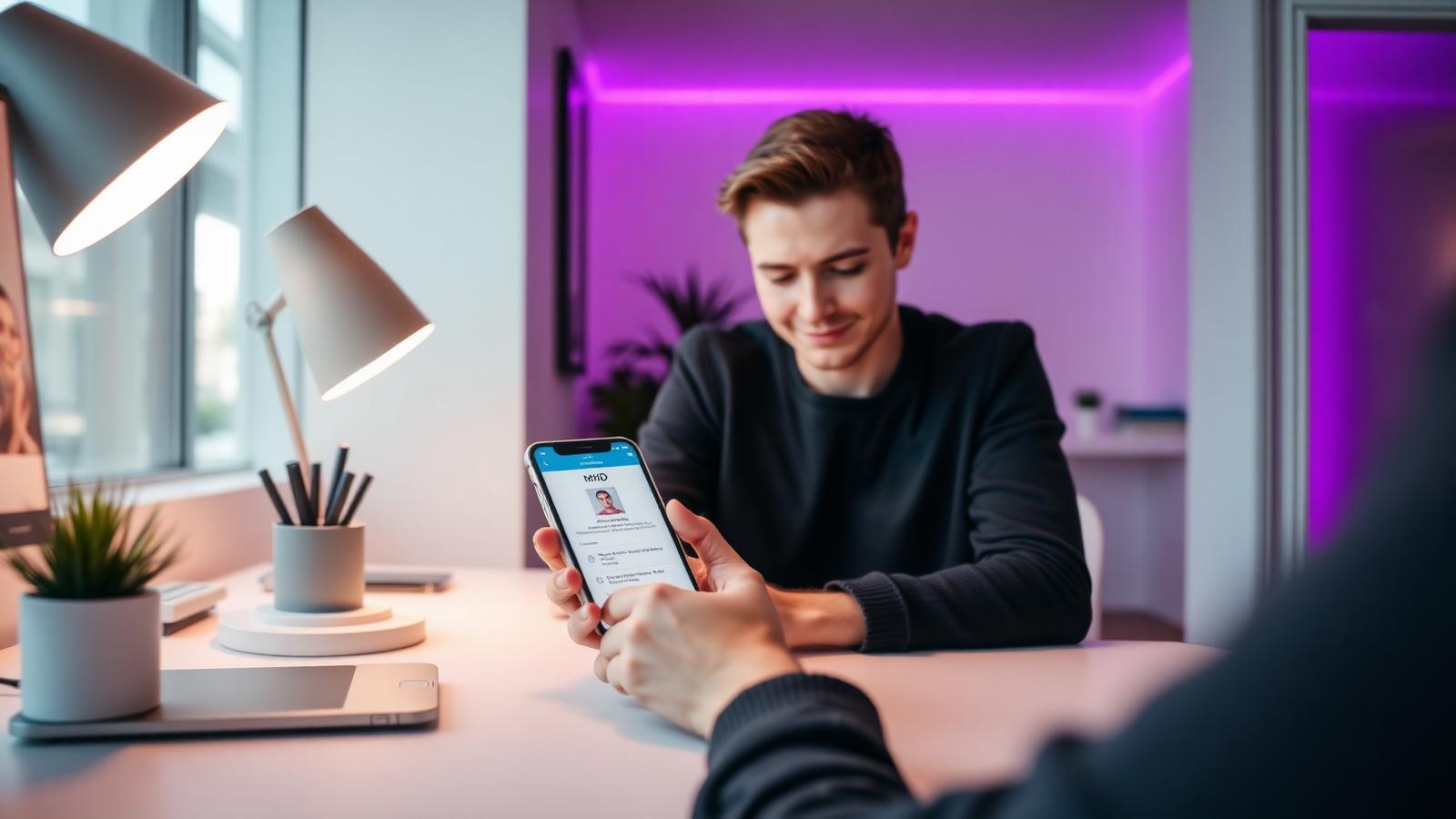 Person bruger MitID-app på smartphone ved skrivebord