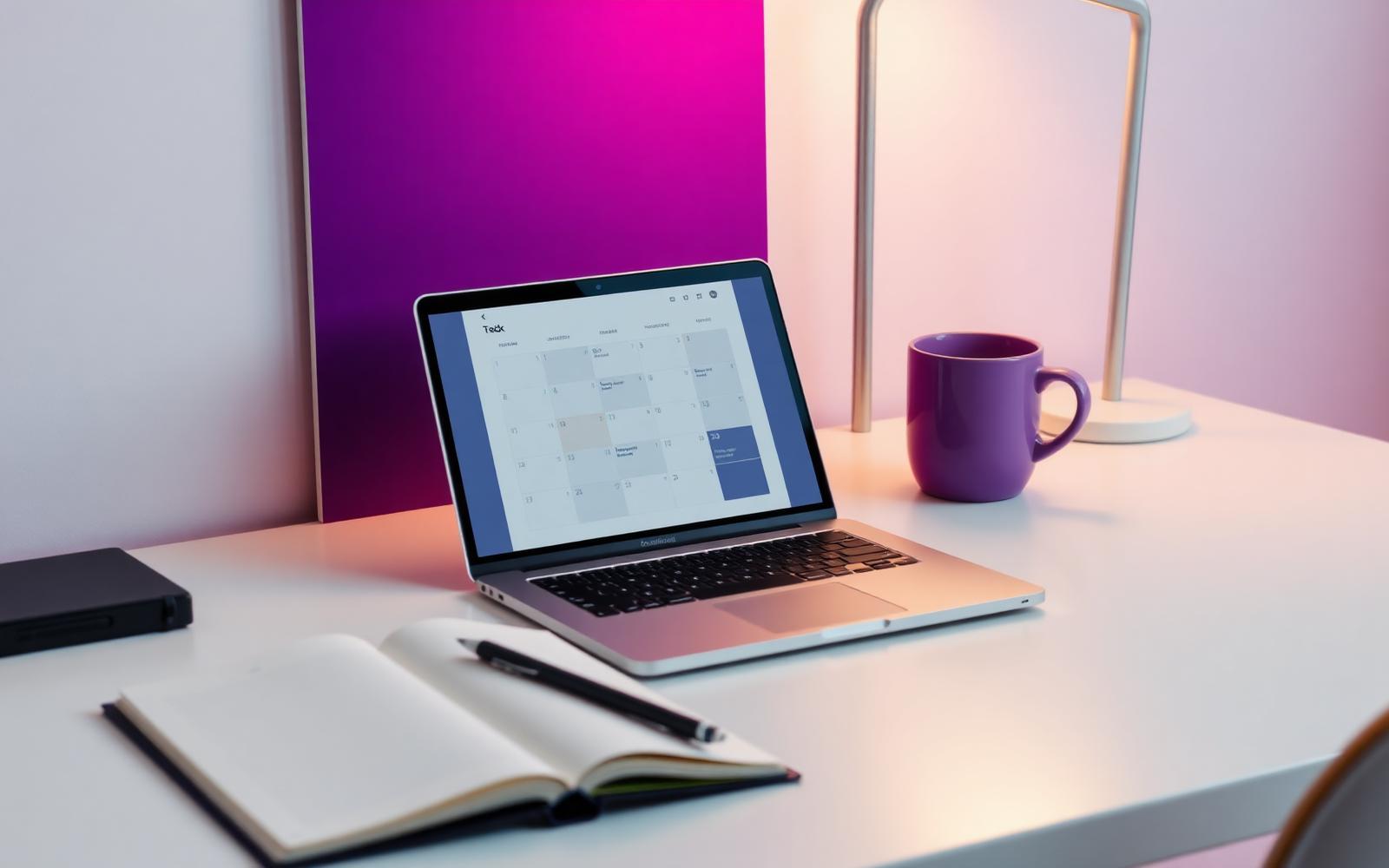 Skrivebord med bærbar computer der viser en kalender- og opgaveapp