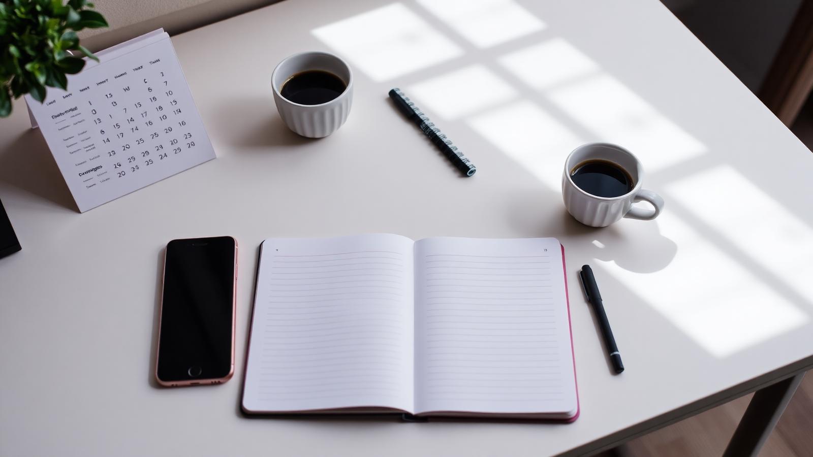 Skrivebord med notesbog, kalender, telefon og kaffe i dagslys