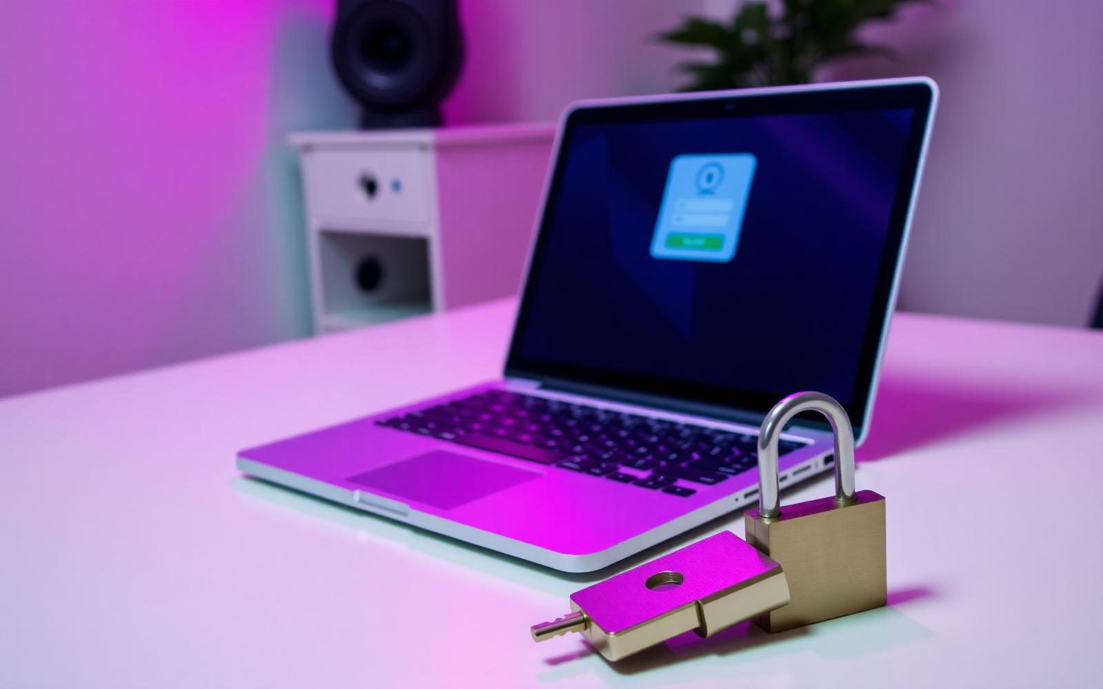 Bærbar computer med login-skærm og en fysisk sikkerhedsnøgle på skrivebordet
