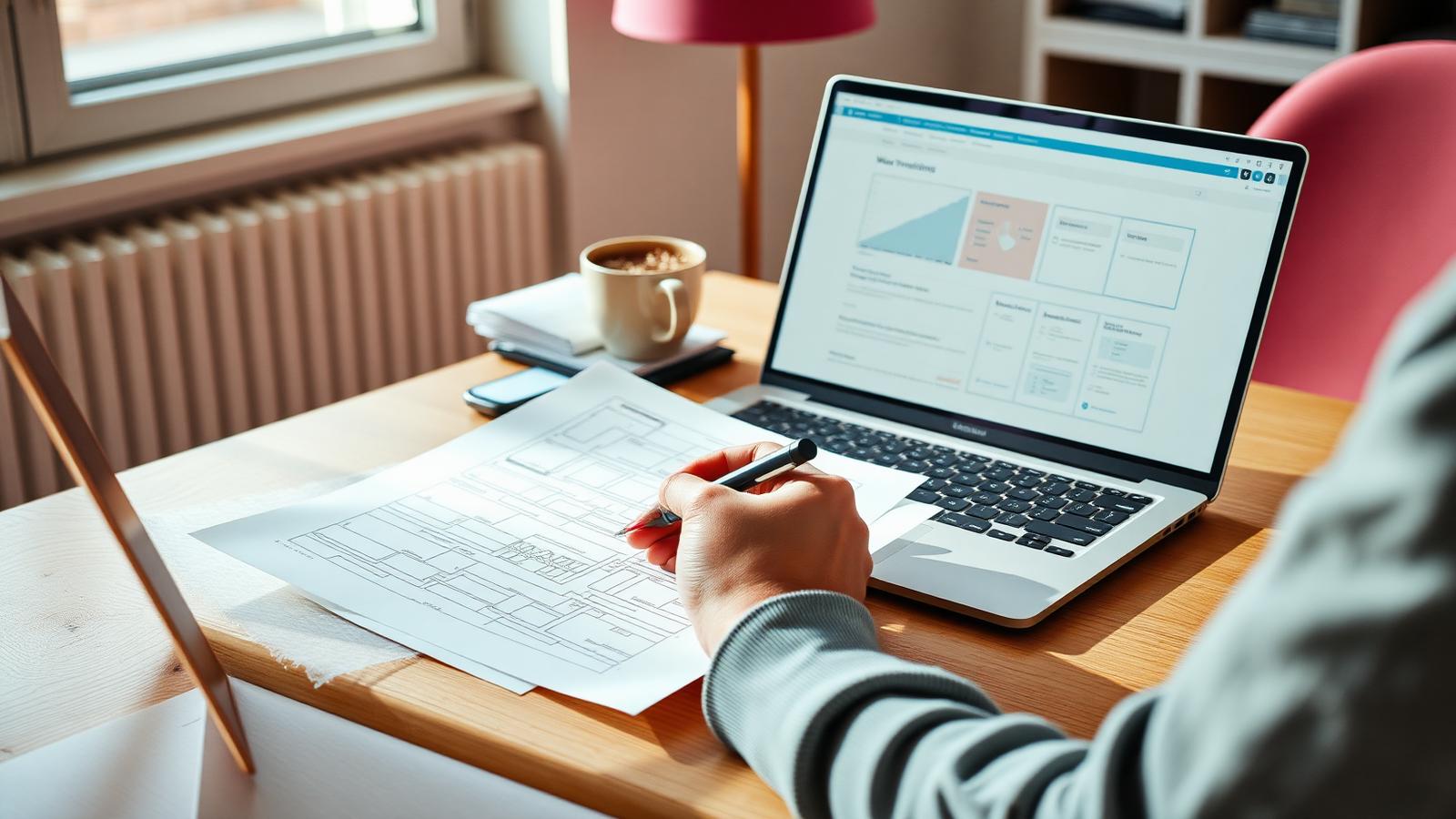 Designer skitserer wireframes til en hjemmeside ved siden af en bærbar computer