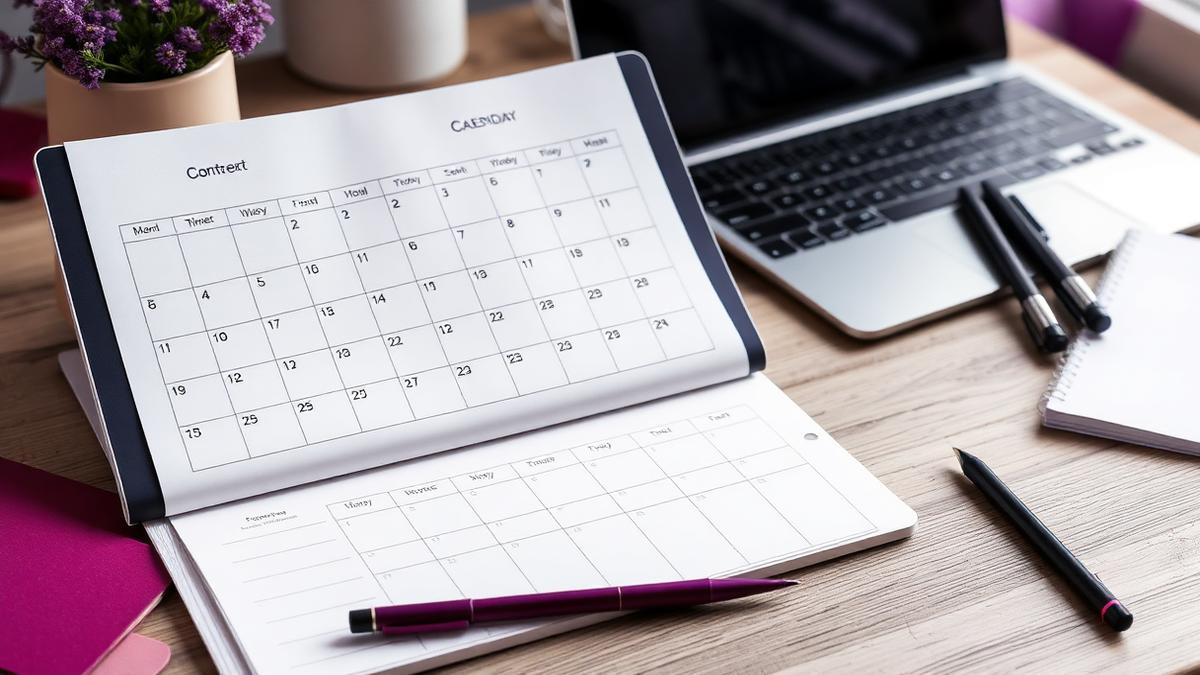 Indholdskalender og laptop på et skrivebord