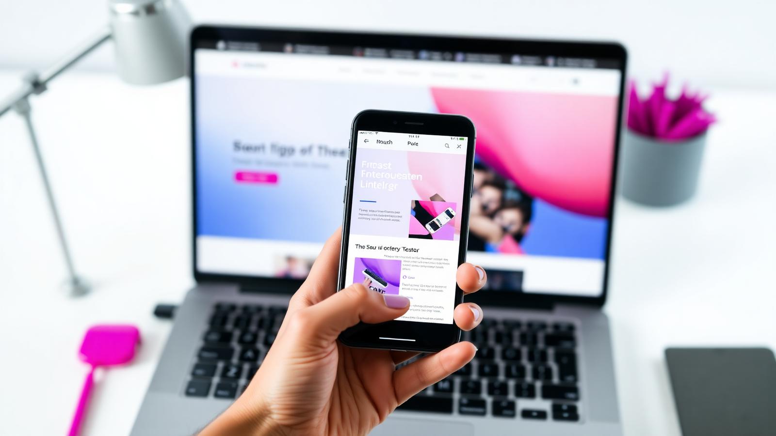 Hånd holder smartphone med mobilvenlig hjemmeside foran laptop