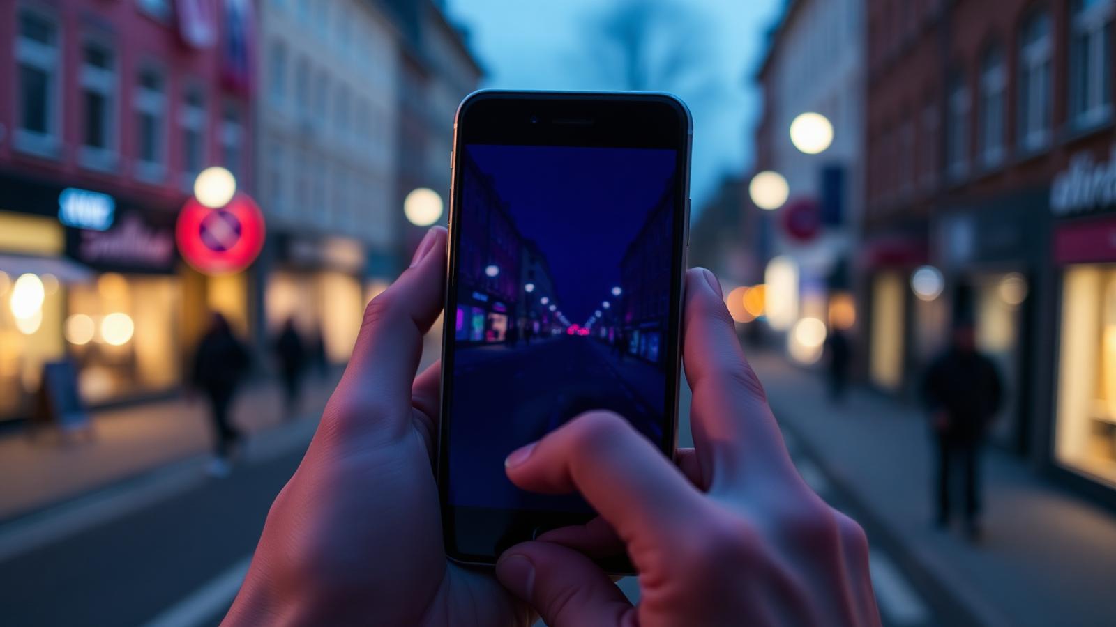 Hænder holder en smartphone på en dansk gade i skumringen