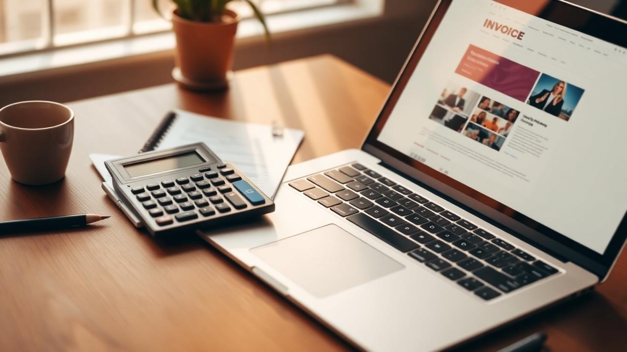 Lommeregner og laptop med hjemmesidedesign på et skrivebord