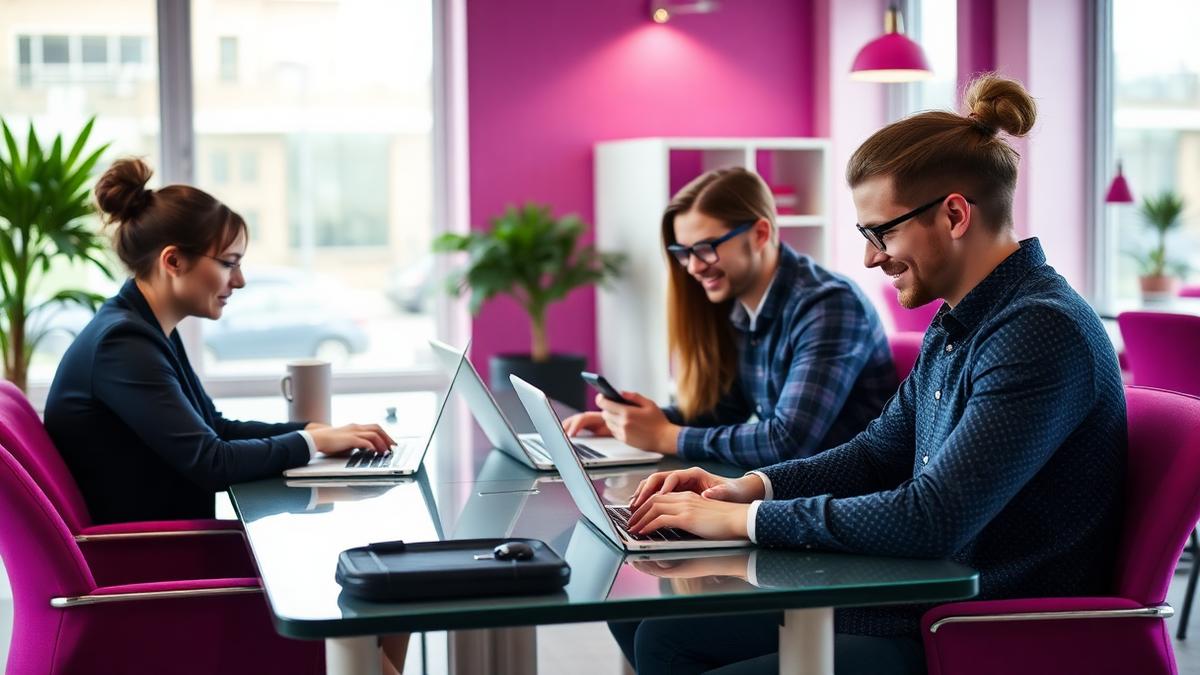 Lille dansk team arbejder på laptops i et lyst kontor