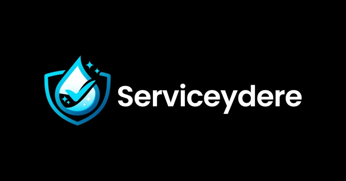Serviceydere.dk-logoet: blåt skjold med vanddråbe og flueben på sort baggrund