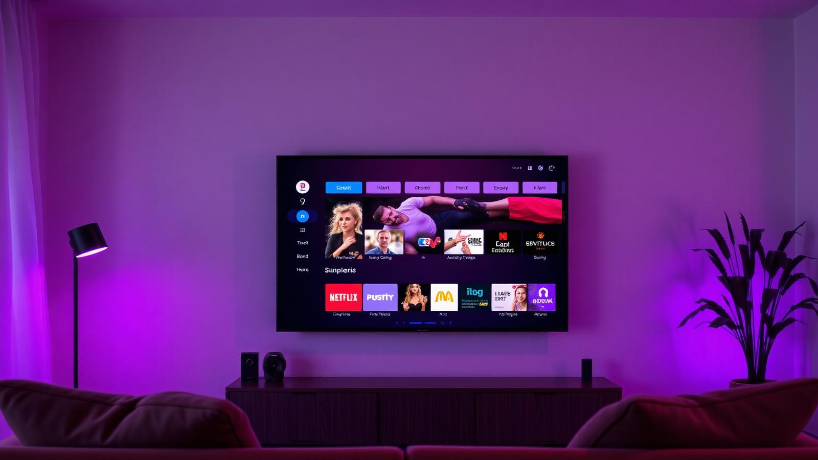 Stue med tv der viser en streamingtjenestes menu