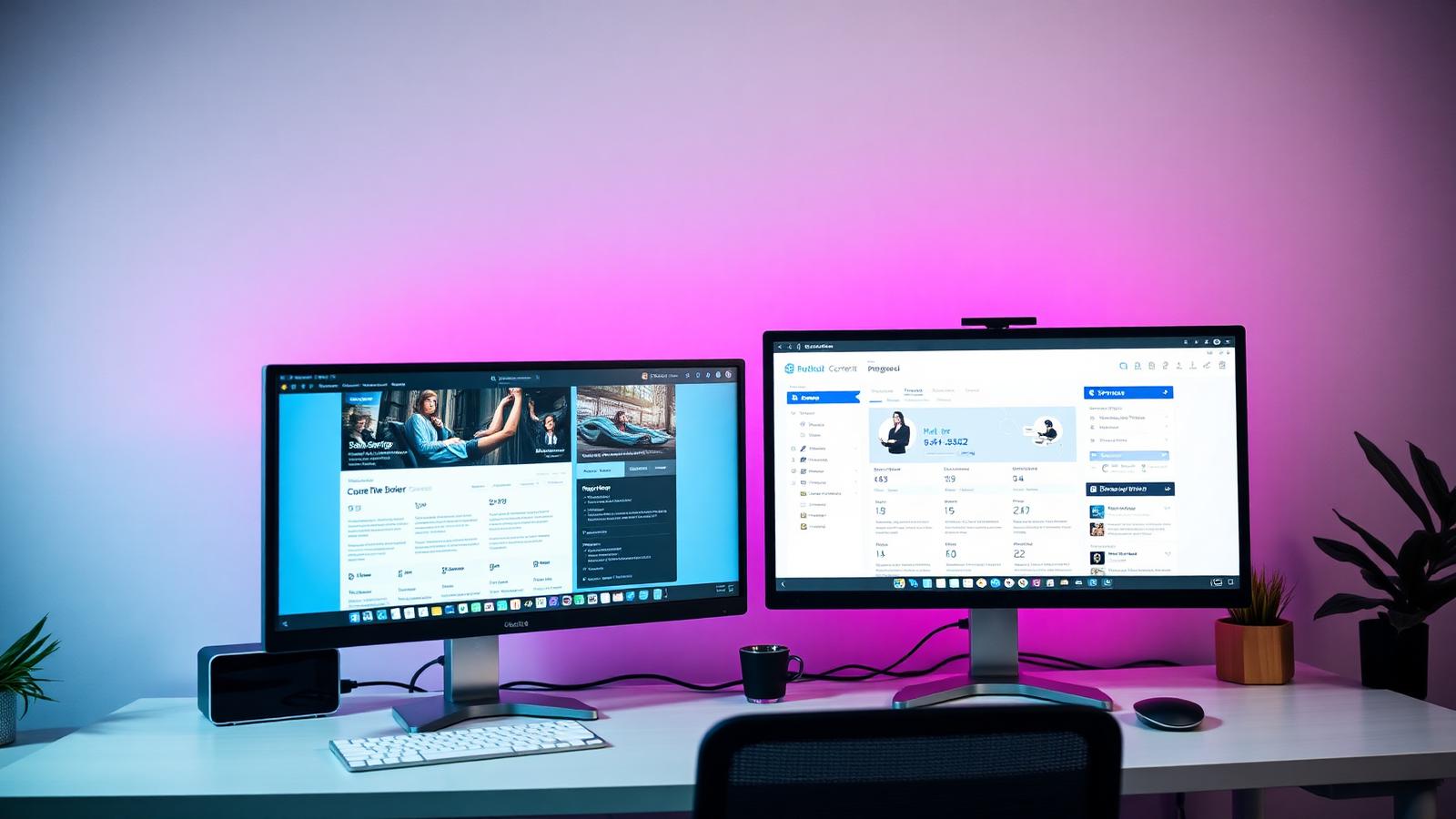 Arbejdsplads med to skærme der viser et CMS-dashboard